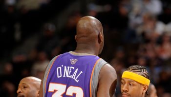 (KG NUGGETS_SUNS -- Nuggets guard Allen Iverson exchanged pleasantries with Phoenix center Shaquille O'Neal before Wednesday's matchup in Denver. The Denver Nuggets hosted the Phoenix Suns Wedensday, March 5, 2008 at the Pepsi Center. The Denver Post/ Kar