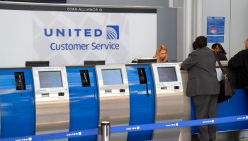 Chicago O'Hare International Airport terminal, United Airlines customer service counter