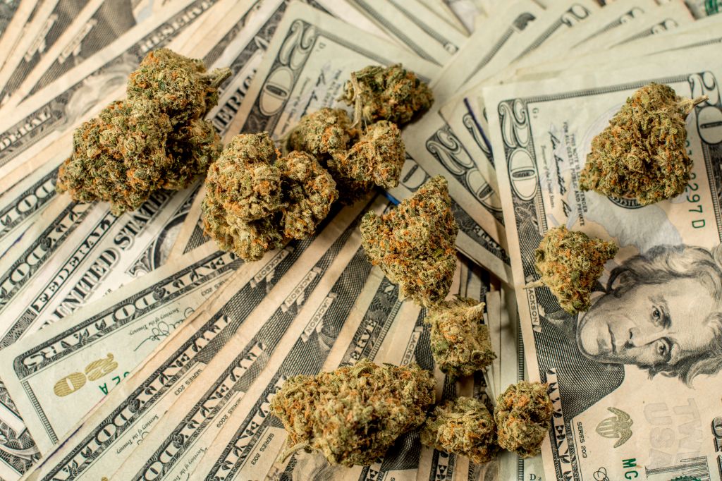 Lots of marijuana on stacks of $20