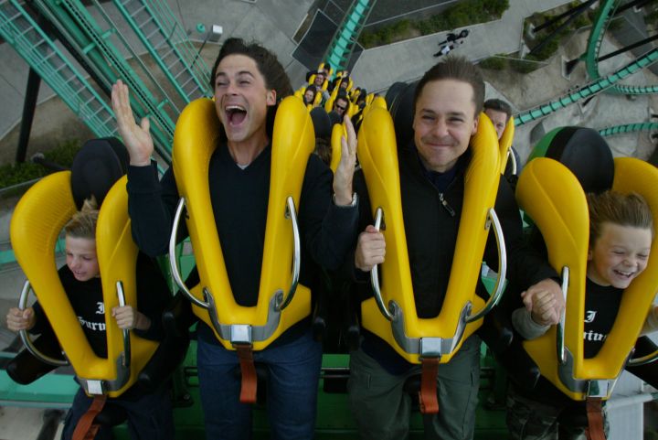 Rob and Chad Lowe ride ‘Riddler,’ at Six Flags Magic Mountain