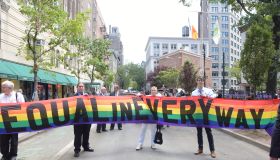 'Equal In Every Way' banner on Christopher Street. Mayor...