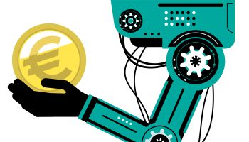 Artificial intelligence Robot (Robotic arm) carrying the euro symbol sign gold currency coin