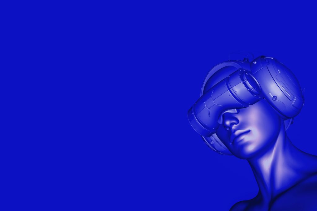 3D render of a female cyborg wearing virtual reality headset.