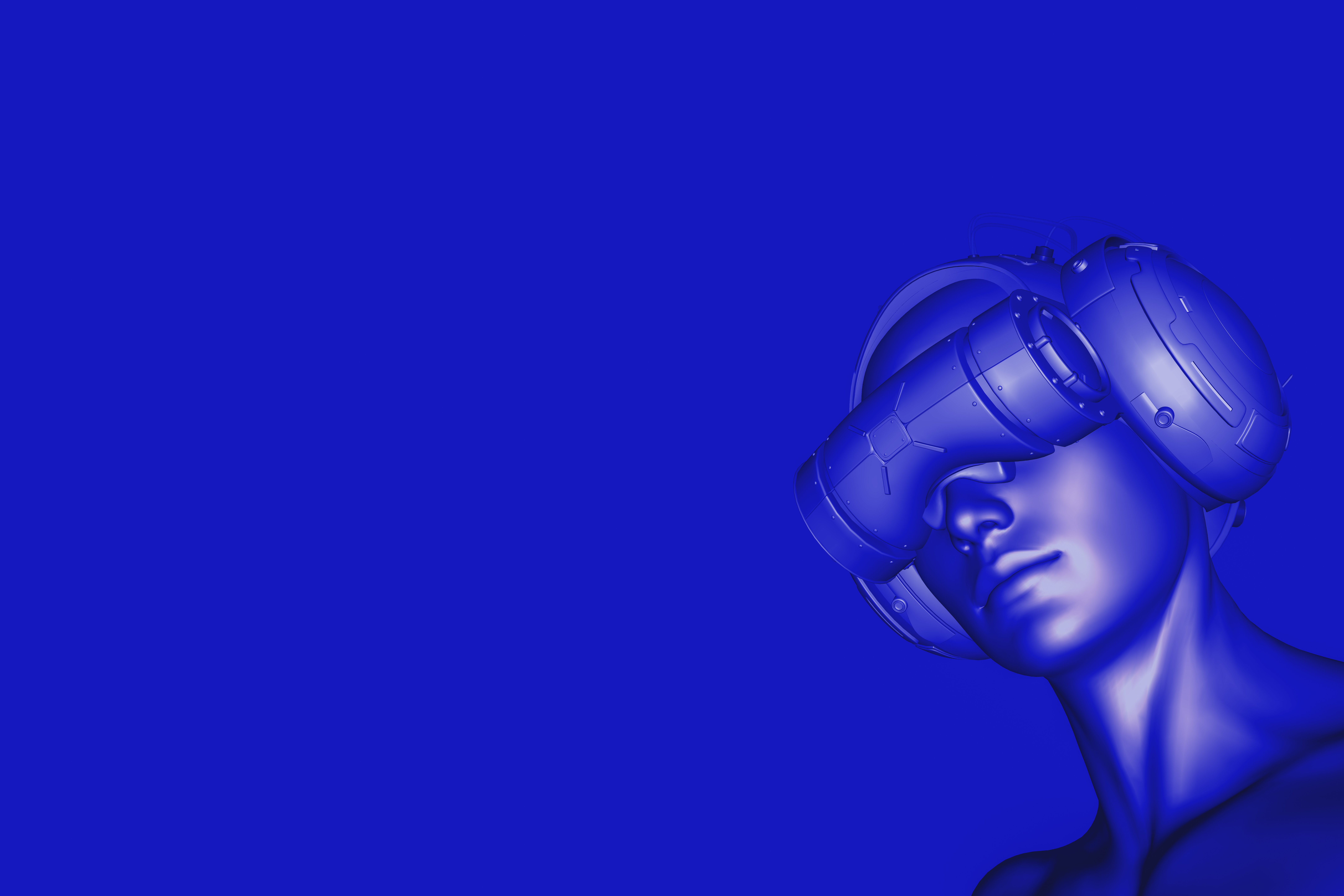 3D render of a female cyborg wearing virtual reality headset.
