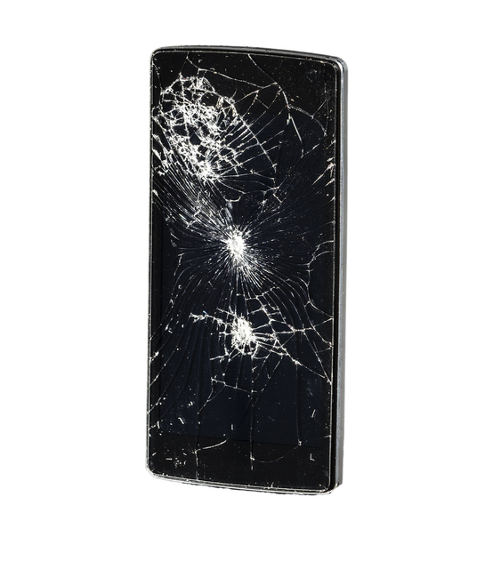 Mobile phone with broken glass on a white background.