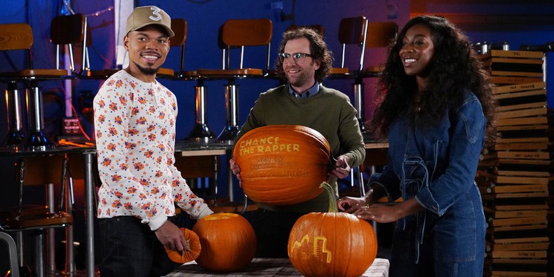 Chance the Rapper, Kyle Mooney, and Ego Nwodim, October 2019 (Rosalind O’Connor/NBC)