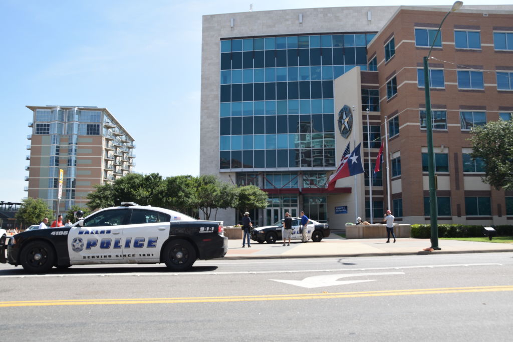 A Dallas Police car on South Lamar Street in front of Dallas Police headquarters on 8th July, 2016