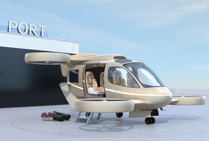 Metallic golden flying car ( air taxi) parking on Drone Port