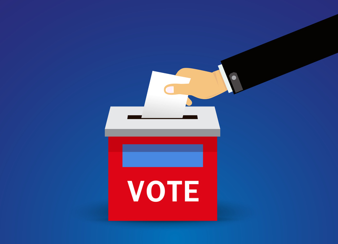 hand putting voting paper in the ballot box , In big cities, vector illustration