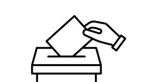 Vote box with ballot, line icon. Hand holding ballot paper, election. Vote and opinion. Vector