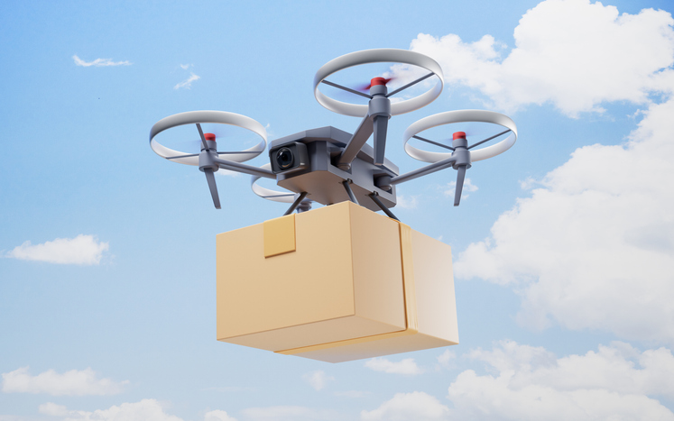 Realistic drone carrying the box, 3d rendering.