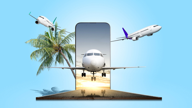 A commercial airplane landing on the runway through a mobile phone screen with a sunset scene background