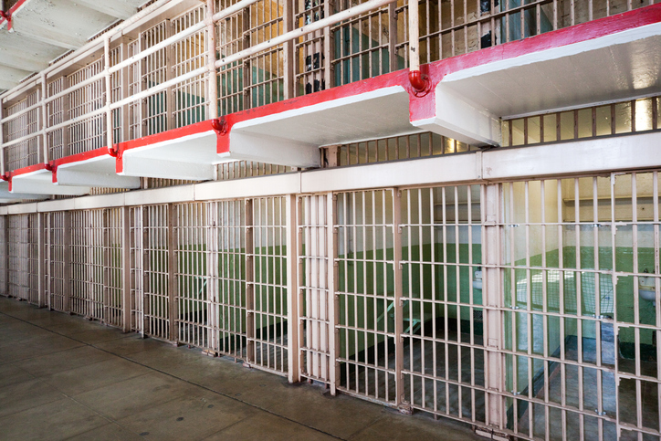 Rows of locked prison cells , Alcatraz, San Francisco, California.