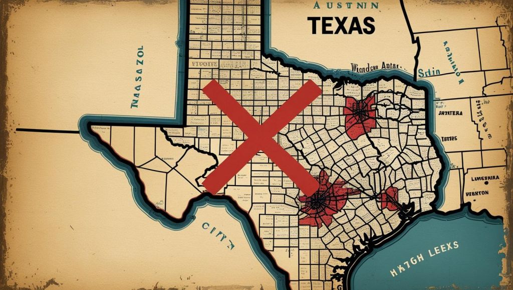 Texas map with an X