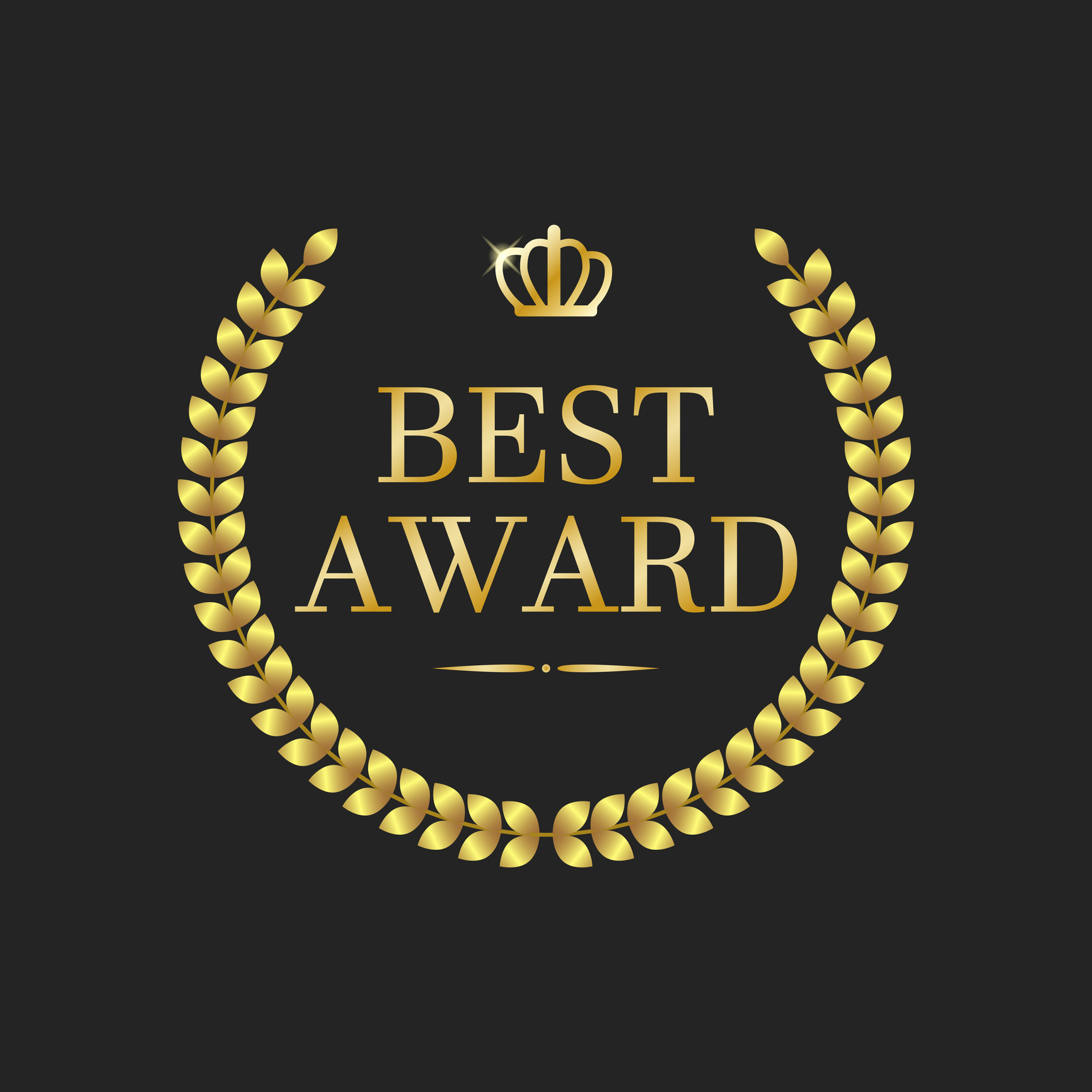 A golden laurel wreath with a golden crown isolated on a black background.