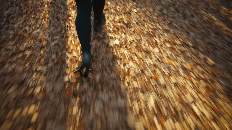 Active Female Jogging in Leaf-strewn Autumn Forest Path