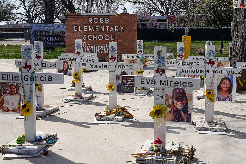Uvalde Tx - Crosses dedicated to the 21 victims of the 2022 mass shooting at Robb Elementary