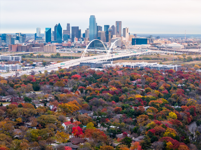 Autmn Aerial Drone of downtown Dallas, Texas with Fall Colors in Oak Trees