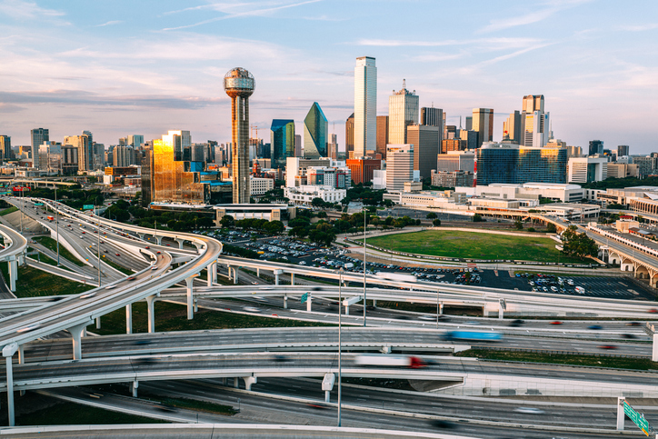 Elevated Highways with Traffic in Dallas, Texas in Springtime at Sunset