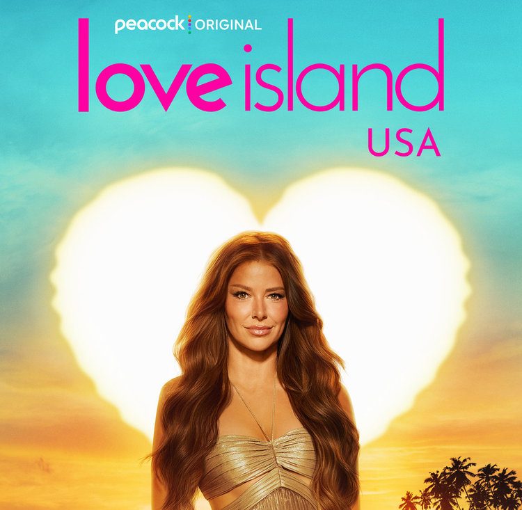 A woman with long red hair wearing a gold dress stands in the ocean at sunset, surrounded by other people in swimsuits. The text "Love Island USA" appears in the top left.