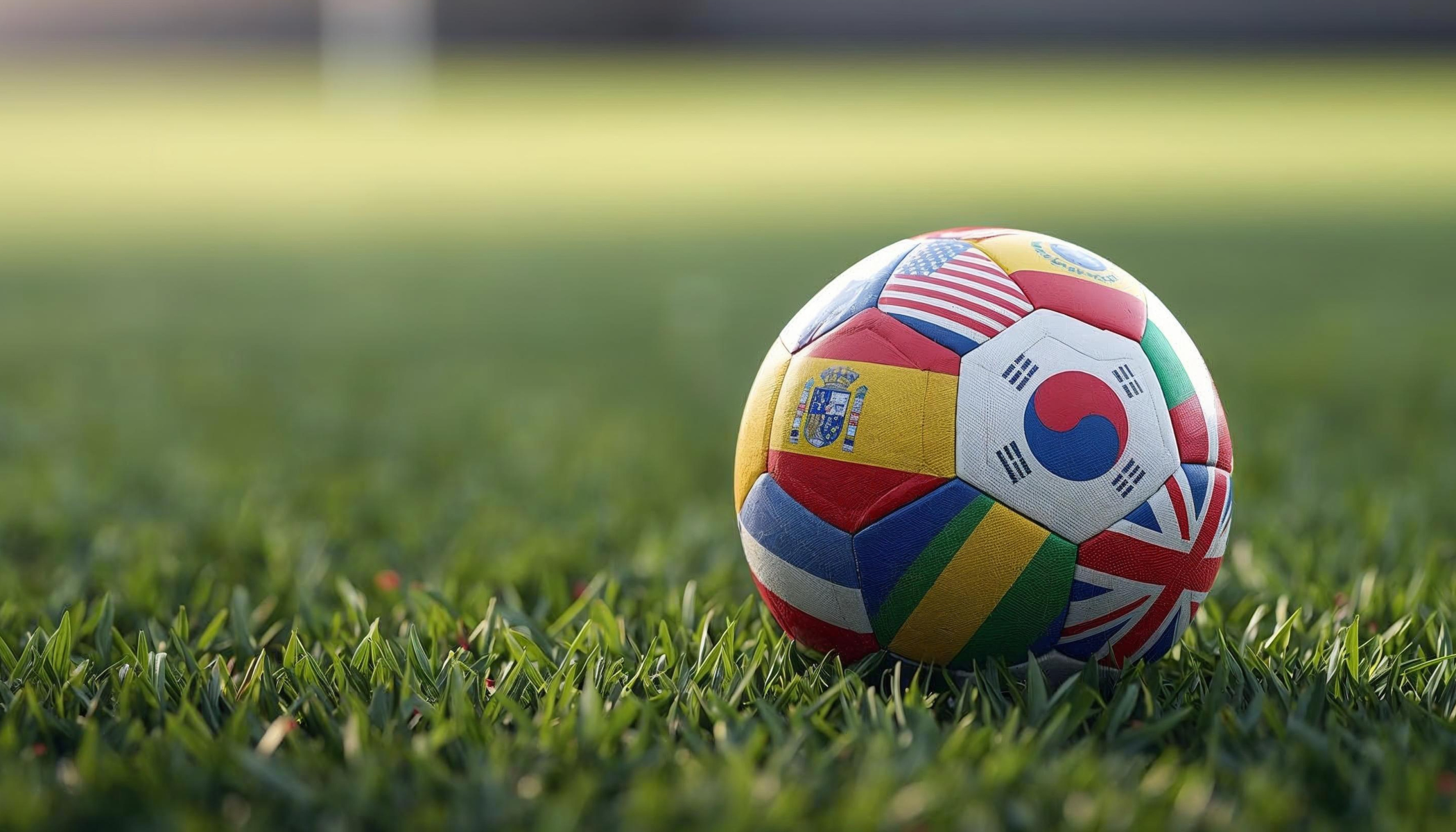 A multicolored soccer ball on a grassy field, with national flags of various countries displayed on its surface.