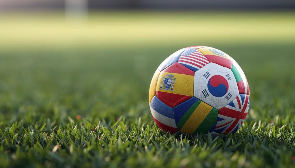 A colorful soccer ball with national flags on a grassy field.