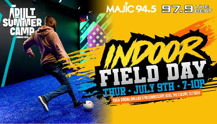 A person jumping on a trampoline in an indoor field day event, with text "INDOOR FIELD DAY THUR JULY 9TH 7-10P" and "MAJIC 94.5 97.9 THE BEAT" logos.