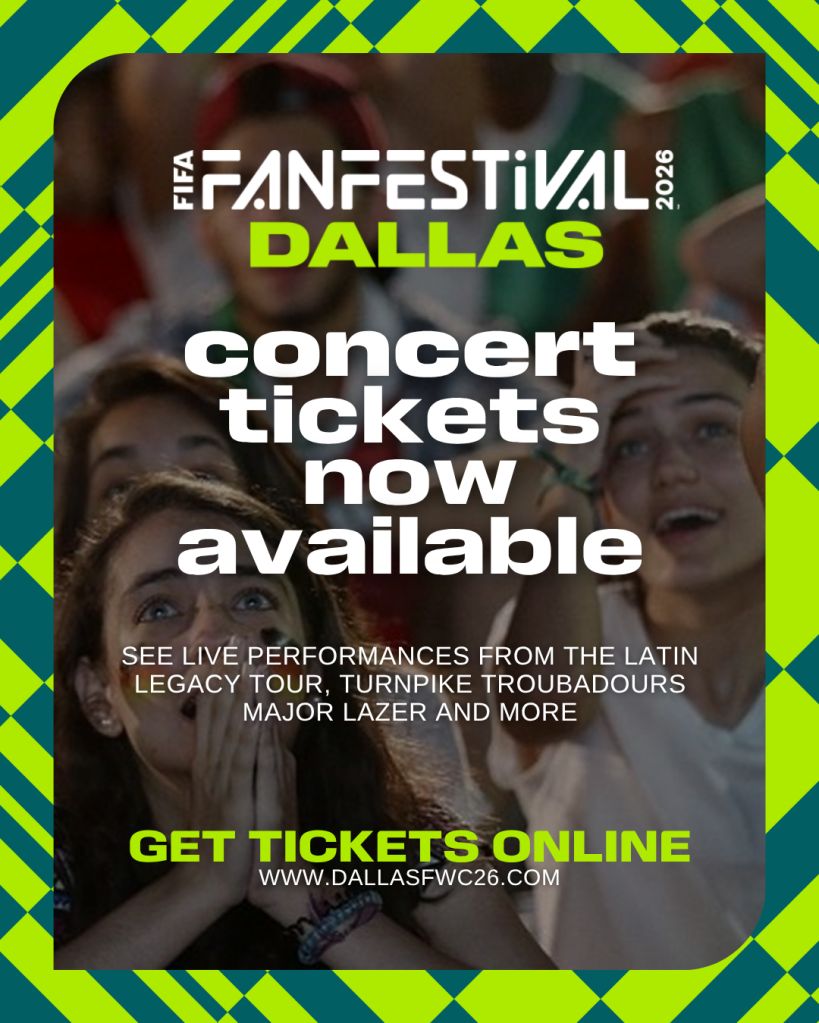 Poster advertising the FITA Fanfestival in Dallas, featuring concert tickets now available and live performances from Latin Legacy Tour, Turnpike Troubadours, Major Lazer, and more.