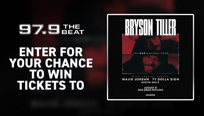 97.9 The Beat radio station promotion for a chance to win tickets to a Bryson Tiller concert at Dos Equis Pavilion.
