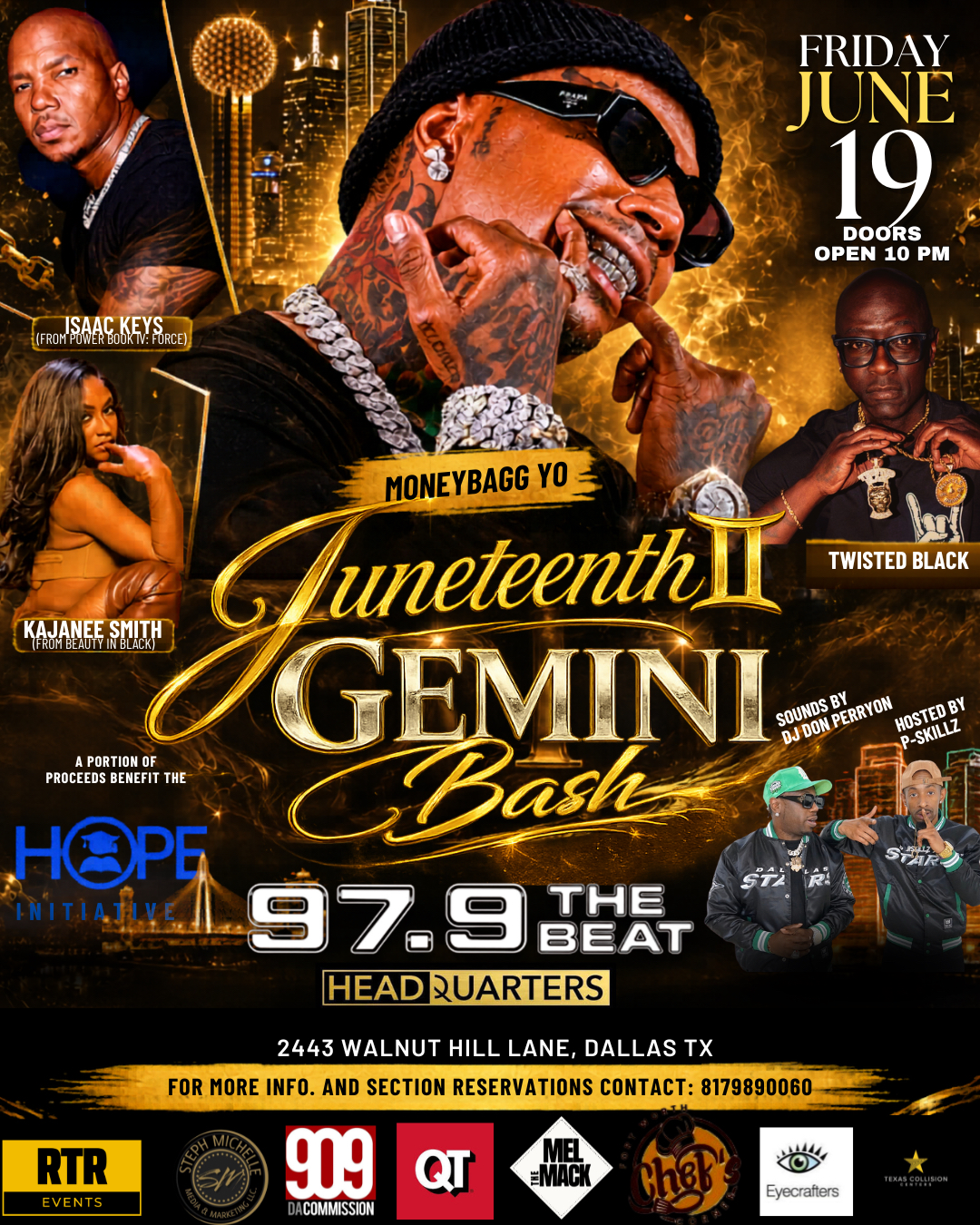 Promotional poster for a Juneteenth Gemini Bash event featuring Moneybagg Yo, Isaac Keys, Kajanee Smith, and Twisted Black, with details on the venue, date, and hosting DJ.