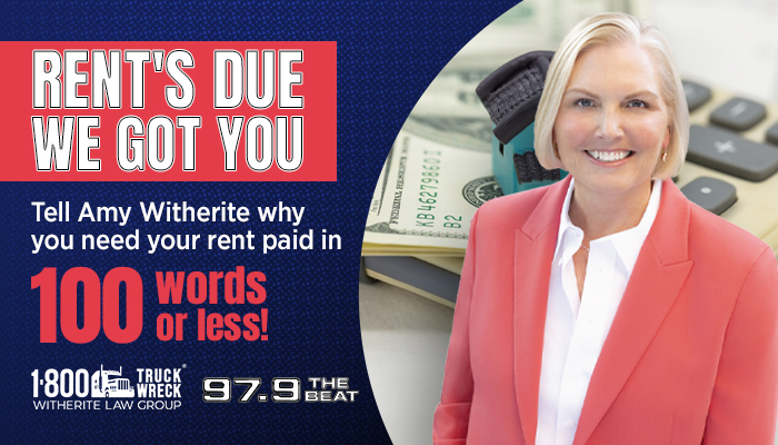 A smiling woman in a red jacket stands in front of a billboard that reads "RENT'S DUE WE GOT YOU" and promotes a law firm and radio station.