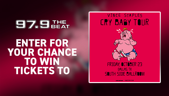 Poster for Vince Staples "Cry Baby Tour" concert on October 23 in Dallas, TX at the South Side Ballroom.