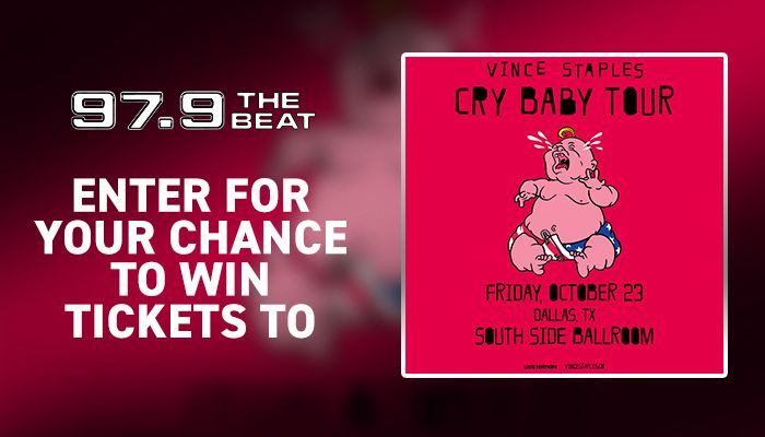 Poster for Vince Staples "Cry Baby Tour" concert on October 23 in Dallas, TX at the South Side Ballroom.