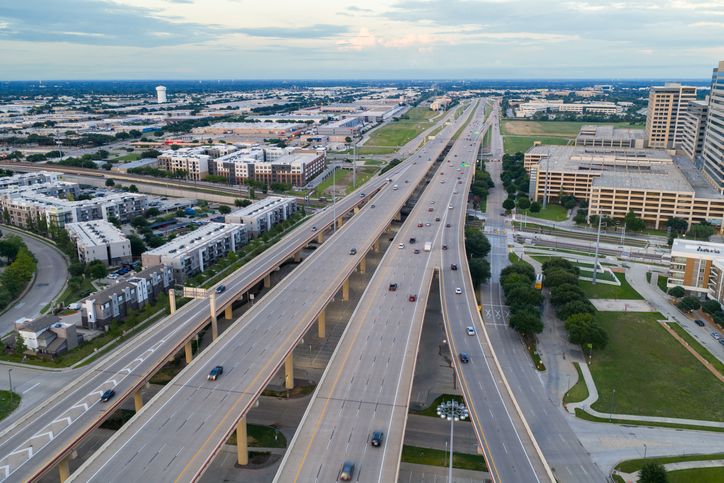 Plano Texas Aerial View of Multi-Level Highway Interchange in Urban Setting