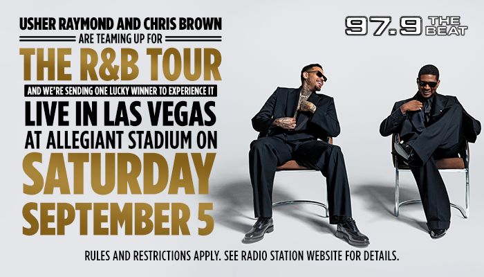 Usher Raymond and Chris Brown seated in chairs, promoting "The R&B Tour" live in Las Vegas at Allegiant Stadium on Saturday, September 5.