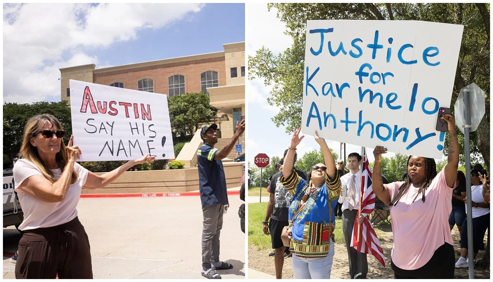 Protesters holding signs that say "Austin say his name!" and "Justice for Karmelo Anthony!" outside a building.