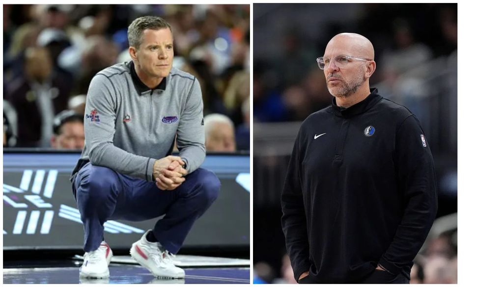 Two basketball coaches standing on the sidelines during a game, one wearing a gray shirt and the other a black Nike jacket.