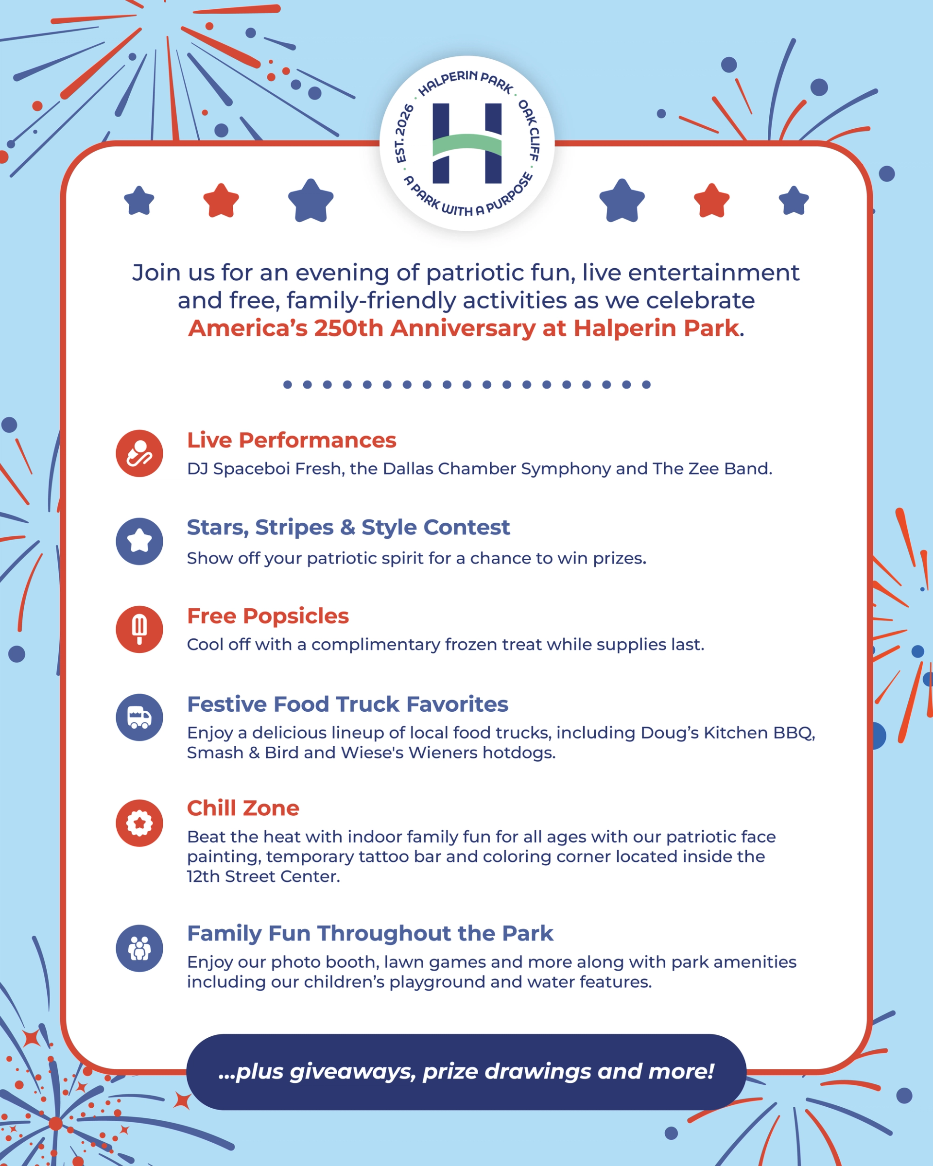 Promotional image for Halperin Park's 250th anniversary celebration, featuring live entertainment, a stars and stripes contest, free popsicles, food trucks, and family activities.
