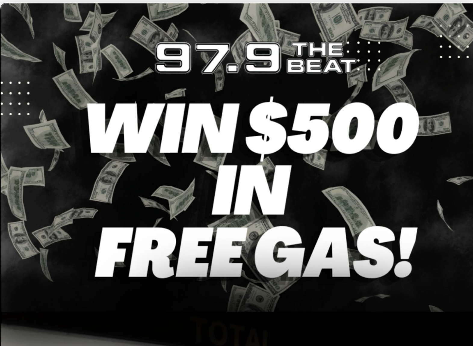 A black and white image showing a radio station promotion for a chance to win $500 in free gas. The text "WIN $500 IN FREE GAS!" is prominently displayed along with the station's branding "97.9 THE BEAT".