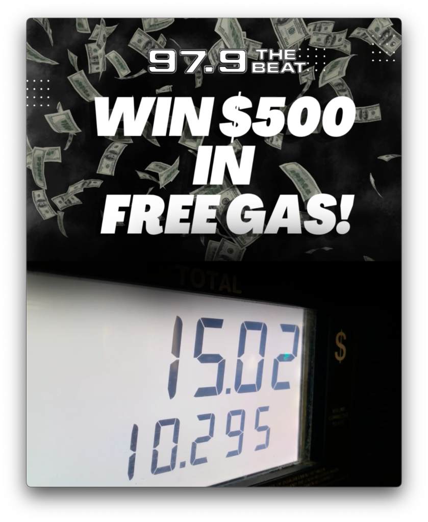 A black and white image showing a radio station promotion for a chance to win $500 in free gas. The text "WIN $500 IN FREE GAS!" is prominently displayed along with the station's branding "97.9 THE BEAT".