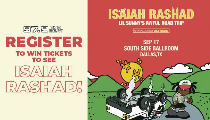 Poster advertising a concert by rapper Isaiah Rashad, with a cartoon illustration of a person driving a car on a road trip.