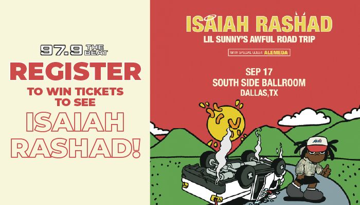 Poster advertising a concert by rapper Isaiah Rashad, with a cartoon illustration of a person driving a car on a road trip.