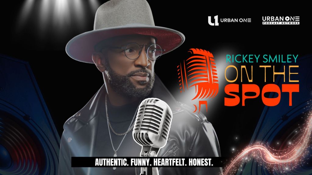 A man with a beard and glasses wearing a hat stands at a microphone, with text reading "Rickey Smiley On The Spot" and "Authentic. Funny. Heartfelt. Honest.