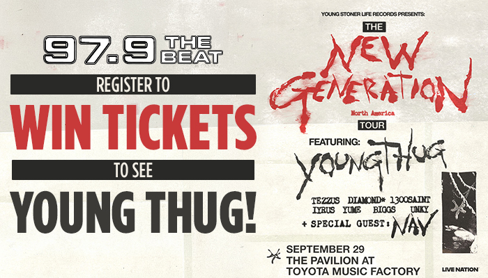Poster advertising "The New Generation Tour" featuring Young Thug, with details on how to win tickets to see the show on September 29 at The Pavilion at Toyota Music Factory.