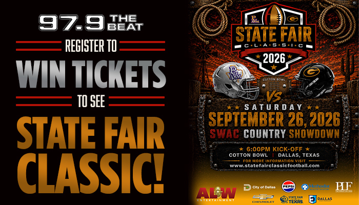 State Fair Classic football game poster featuring team helmets, event details, and "State Fair Classic" branding.