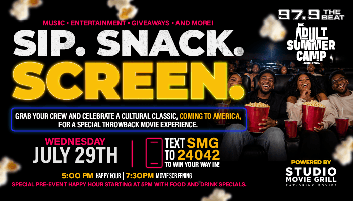 Poster for "Sip. Snack. Screen." event on July 29th, featuring a group of people enjoying food and drinks while watching a movie screening.