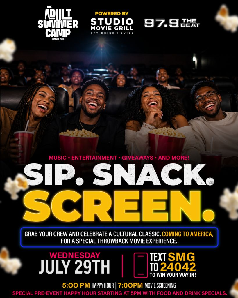A group of friends laughing and enjoying popcorn while watching a movie at an "Adult Summer Camp" event powered by Studio Movie Grill and 97.9 The Beat.