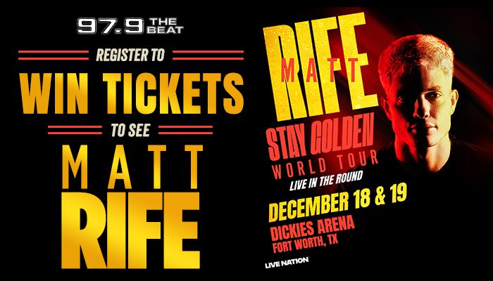 Promotional poster for Matt Rife's "Stay Golden" world tour, featuring his portrait and event details for December 18-19 at Dickies Arena in Fort Worth, TX.