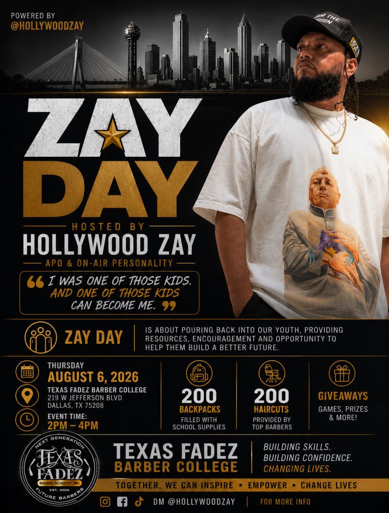 A man with a beard and dreadlocks wearing a white t-shirt with a graphic design stands in front of a cityscape skyline. Text on the image reads "ZAY DAY hosted by HOLLYWOOD ZAY" and provides event details.