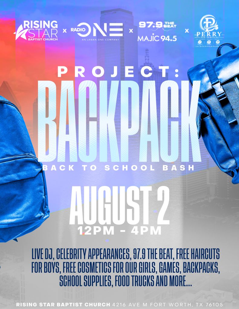 Back to school bash event poster with details on live DJ, celebrity appearances, free haircuts, cosmetics, games, backpacks, school supplies, and food trucks on August 2 from 12PM to 4PM.